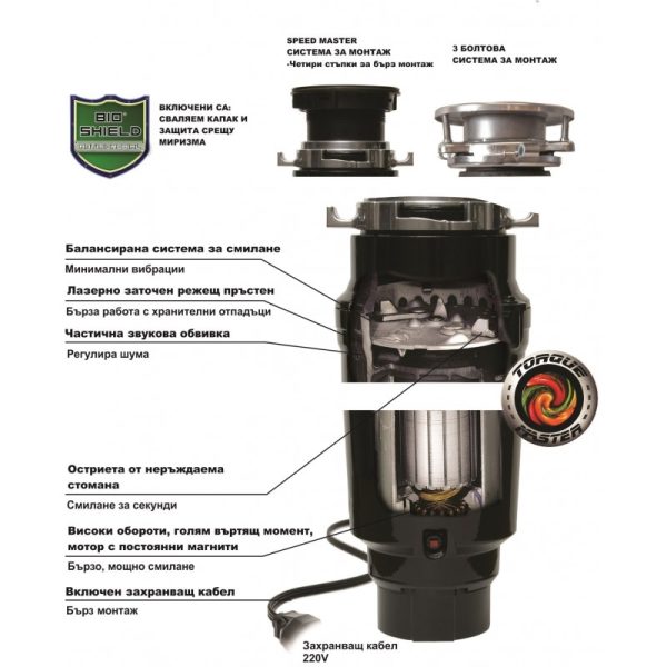 INTER CERAMIC WASTE CRUSHER FOR ROUND SIPHONS 370W BLACK ABS/STAINLESS STEEL - Image 7